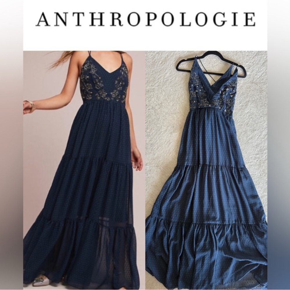 NEW Anthropologie Midnight Blue Embroidered Maxi Dress
